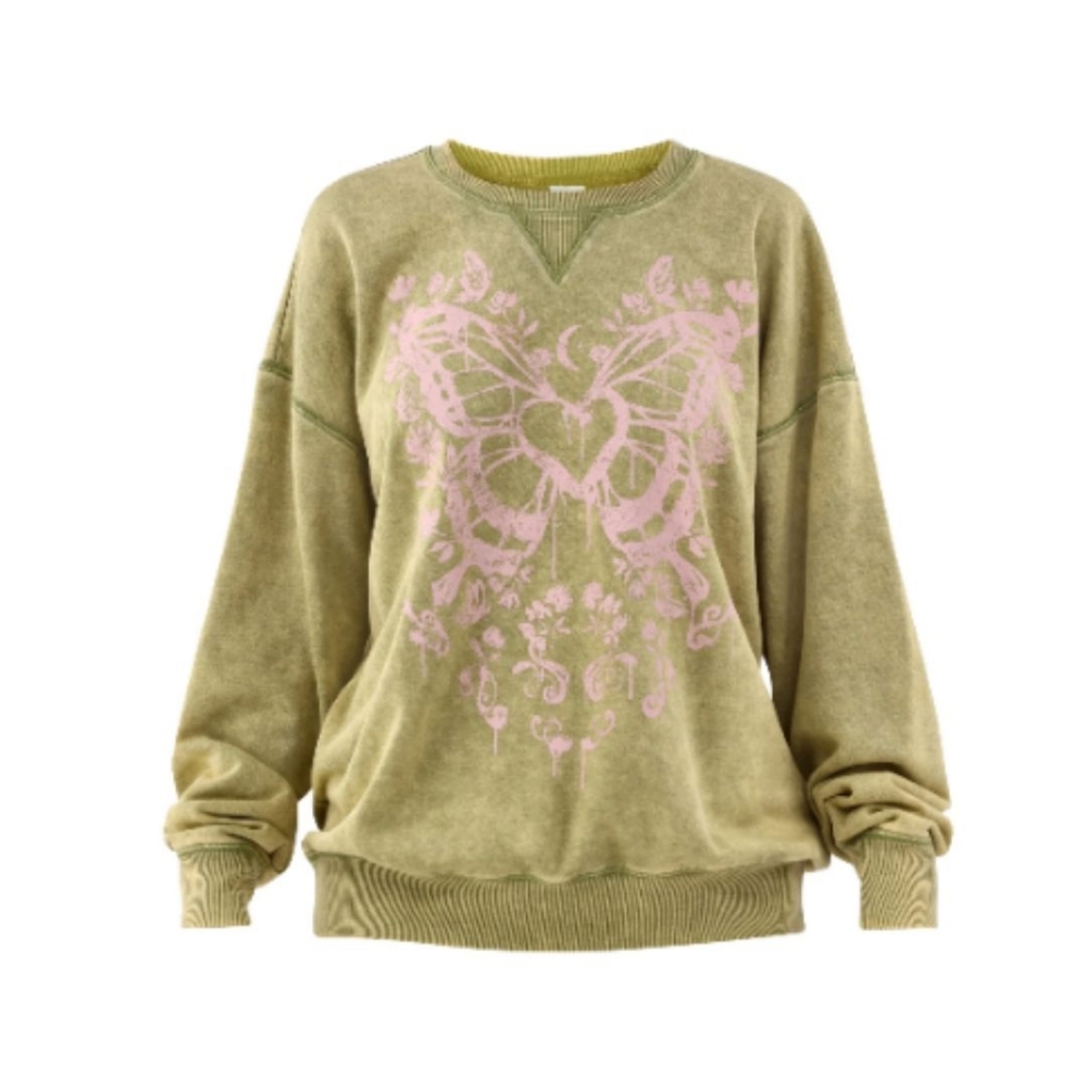 Washed Crewneck Sweatshirt Oversized Butterfly‎ & Floral Large NWT
